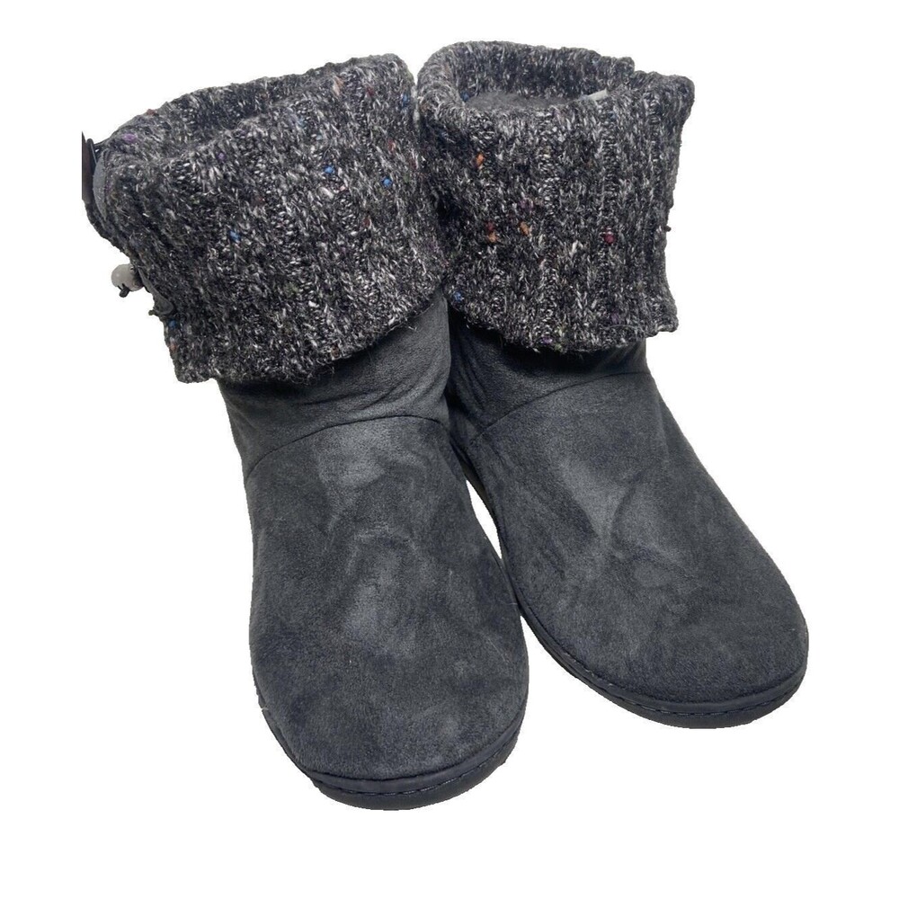 Sherpa Lined Knit Top Faux Leather Bootie Slippers Womens Size Medium Dark Grey